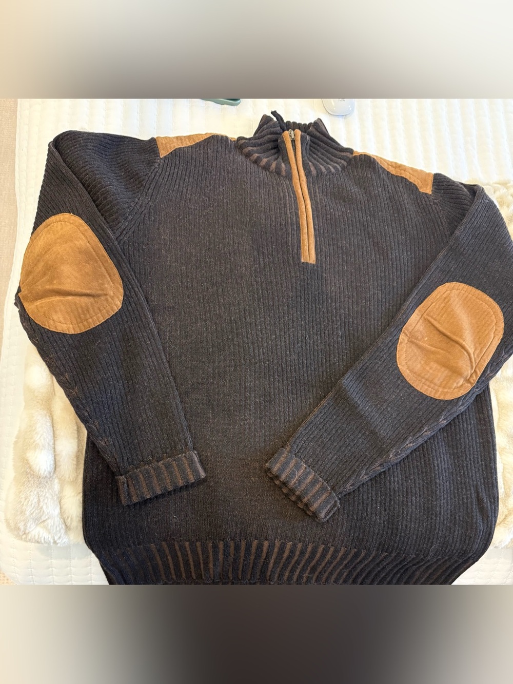 Robert Talbott Charcoal Half-Zip Sweater with Tan Elbow & Shoulder Patches